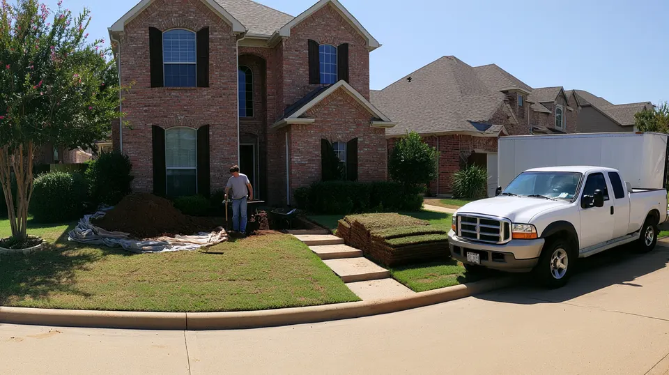 A foundation repair estimator checking exterior elevations with a laser level at a brick home in Allen, a short drive from McKinney.