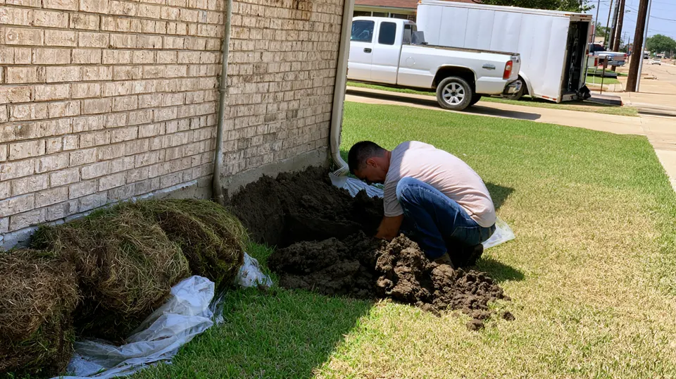 A crew inspecting the crawl space beneath an older Anna house during a foundation repair visit routed from McKinney.