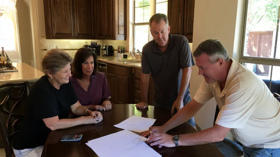 A McKinney homeowner reading a written foundation repair estimate and financing questions at a dining table.