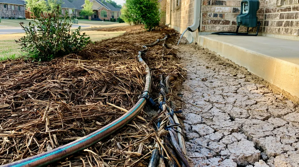 A soaker hose laid along the edge of a brick slab home in McKinney with a hose timer at the spigot.