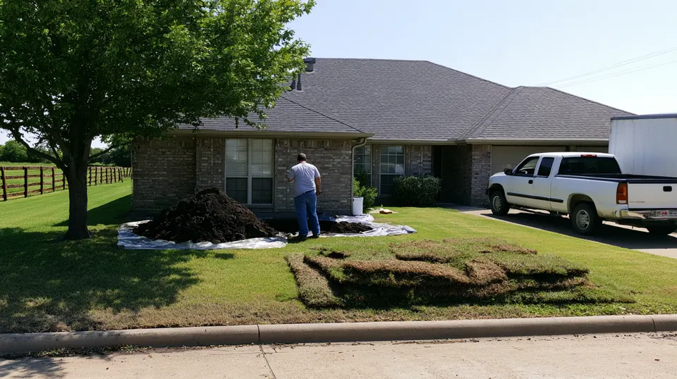 A foundation repair crew staging equipment on a long driveway at a Lucas home after the drive from McKinney.