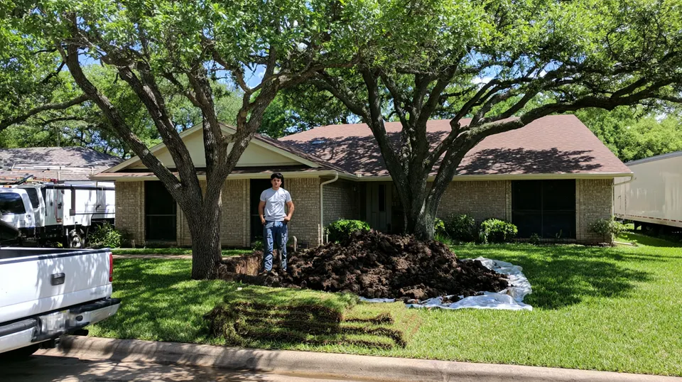 A foundation repair crew pressing concrete piers beneath the brick perimeter of a 1980s Plano home, scheduled from McKinney.
